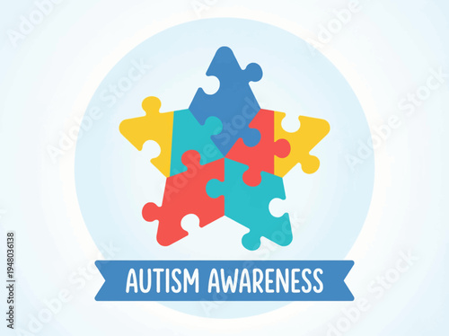Vibrant puzzle pieces unite in a symbolic star, representing diverse perspectives and promoting understanding for neurodiversity and inclusion worldwide