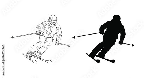 Vector graphic illustration design set showing a skier carving down a slope in both outline and silhouette forms