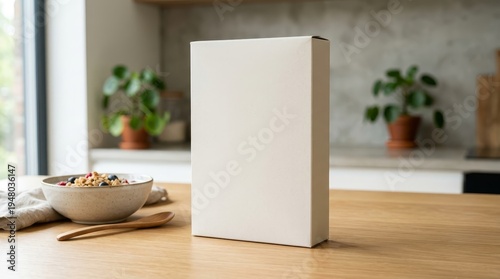 Blank cereal box packaging mockup on wooden table
