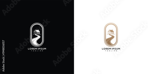 Vintage House Road Logo Design - Rustic Cabin Path Emblem for Real Estate Branding.
