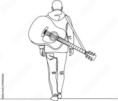 Minimalist one line drawing of a man walking with an acoustic guitar on his back.