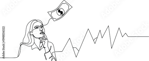 Minimalist one line drawing of a woman analyzing market stocks and wealth growth