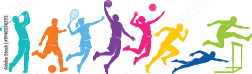 Colorful athletes silhouettes collection featuring golf soccer tennis basketball volleyball running swimming and hurdles representing dynamic sports action fitness competition concept