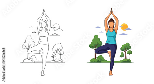 Woman performing balancing yoga tree pose illustration provided in both outline and color versions