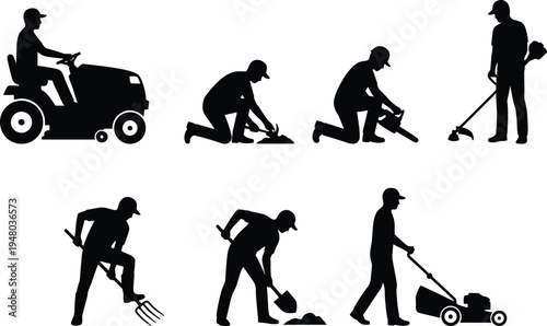 Gardening and landscaping worker silhouettes set with tools lawn mower chainsaw shovel rake tractor representing garden maintenance agriculture service concept