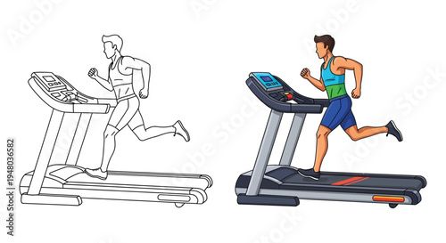 Vector graphic illustration showing a man running on a treadmill in both color and outline versions.