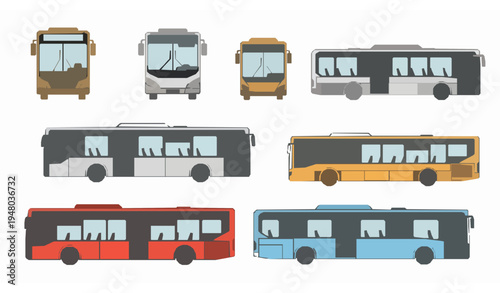 Flat vector city bus icons set modern public transport vehicles for urban and rural travel