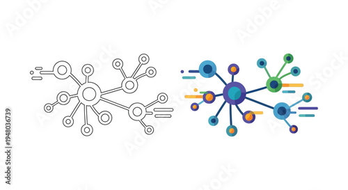 Vector graphic illustration depicting network connections data flow and scientific molecule structure concepts