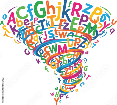 Colorful alphabet letters swirling in tornado spiral shape representing education learning creativity typography design concept isolated on light background for school language study