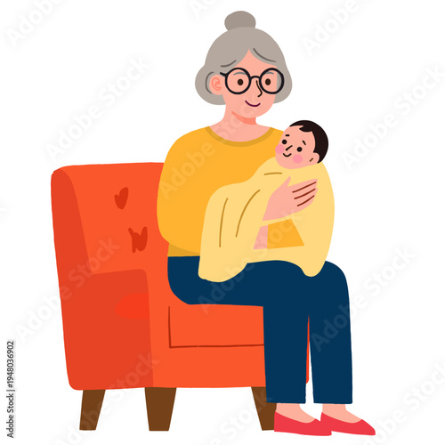 Elderly woman holding smiling baby in orange armchair at home. Elderly set