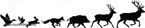 Wildlife animal silhouettes collection duck bird rabbit fox boar deer stag running black vector icons set isolated nature hunting design elements