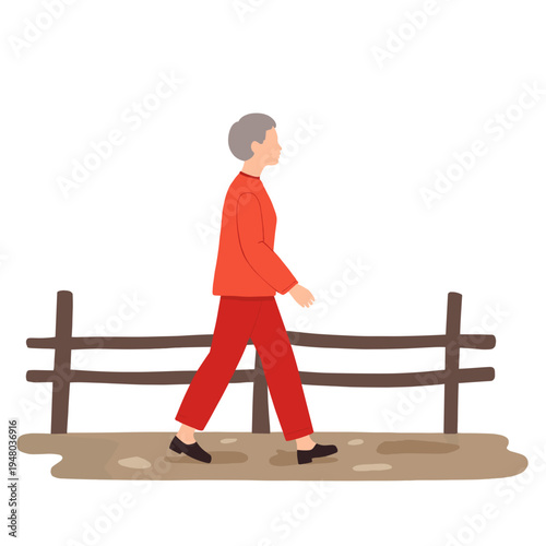 Elderly person walking in casual outfit along wooden fence. Elderly set