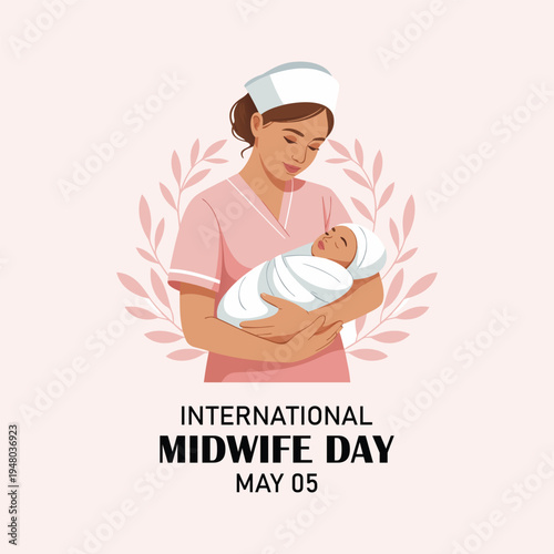 Vector illustration of a midwife holding a baby in her arms. International Midwife Day.
