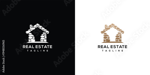 Real Estate Logo Design with Stone House  Brick Home Symbol for Property Business.