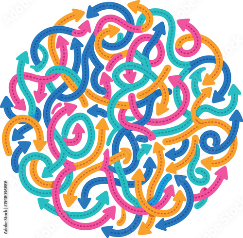 Colorful tangled arrows circle abstract direction concept vector illustration chaotic paths navigation strategy decision making process design isolated on light background