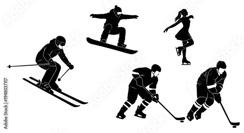 Winter Sports Silhouettes Vector Set Skiing Snowboarding Ice Hockey and Figure Skating EPS10 Stock.eps
