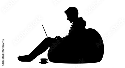 Minimalist silhouette illustration Man on beanbag using laptop with coffee EPS10 Stock.eps