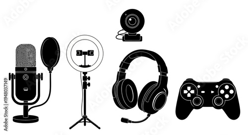 Minimalist Black Vector Icons for Streaming Gaming and Content Creation EPS10 Stock.eps