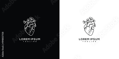 Anatomical Heart with Flowers Logo Vector. Organic Growth Love  Health Symbol Design.