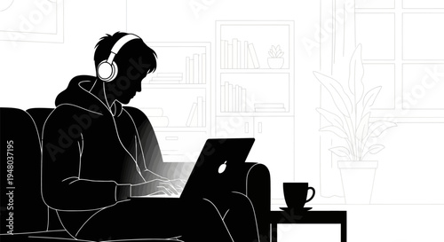 Black silhouette illustration Person with headphones working on laptop from home EPS10 Stock.eps