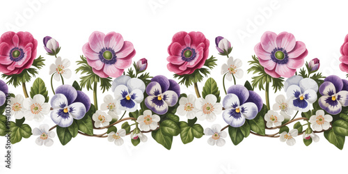 Beautiful flowers anemones and pansies in purple pink white and green on transparent background