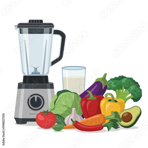 Blender with fresh vegetables and a glass of smoothie on white background
