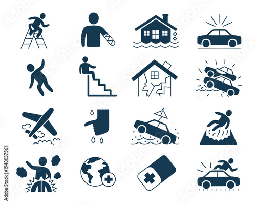 Icons of various accidents and emergencies in blue color on white background