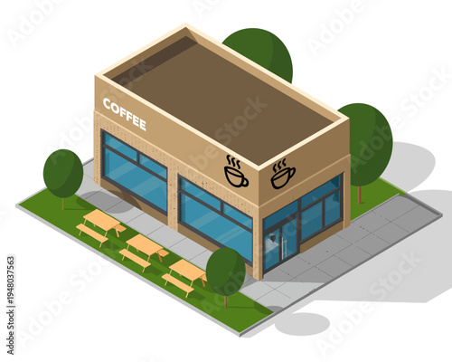 Isometric illustration of a coffee shop with outdoor seating area and trees