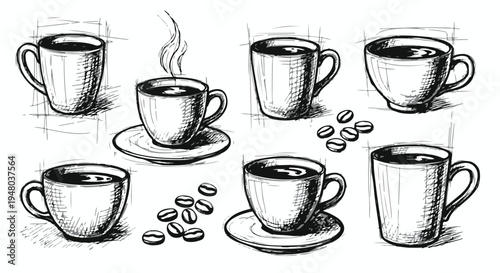 Set of Hand Drawn Coffee Cups Mugs and Beans with Steam Sketch Illustration isolated PNG with Transparent Background