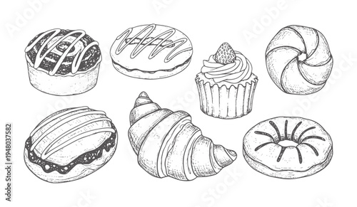 Hand drawn assortment of baked goods including donuts croissant cupcake and pastry
