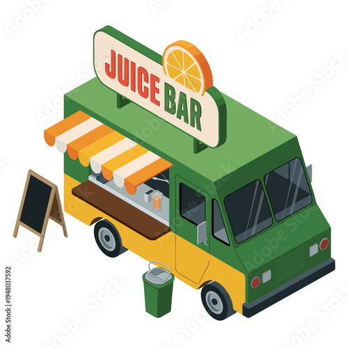 Isometric illustration of green and yellow juice bar food truck with sign and sandwich board