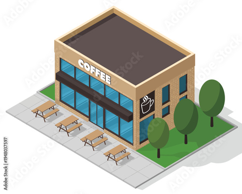 Isometric illustration of modern coffee shop with outdoor seating area and trees