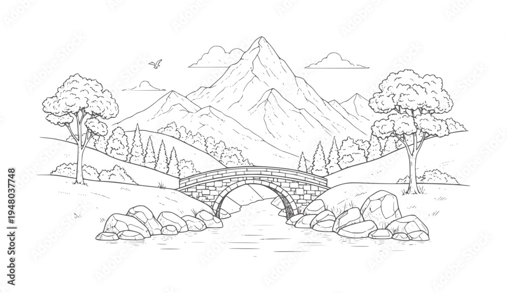 Fototapeta premium Stone bridge over river with mountains trees and clouds water