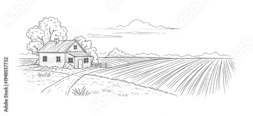 Rural farmhouse with cultivated fields and trees under a cloudy sky cultivation agriculture