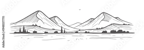 Stylized mountain landscape with village and bird in sky