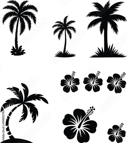 Tropical palm tree and hibiscus flower silhouette set summer beach nature elements vector illustration collection isolated on white background