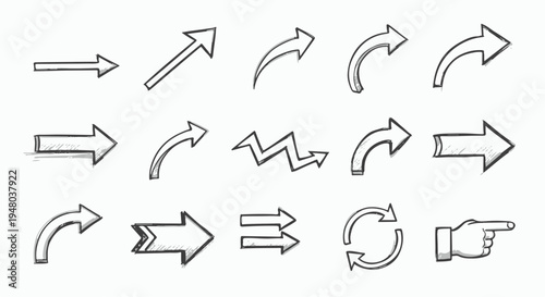 Hand Drawn Sketchy Arrow Icons Collection with Pointing Hand Symbol isolated PNG with Transparent Background