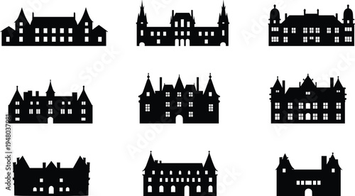 Historic castle and mansion silhouette collection vector icon set featuring European palace architecture isolated on white background vintage building skyline illustration