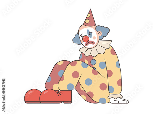 A somber clown in colorful polka dot attire sits dejectedly with a single tear, illustrating the poignant contrast of hidden sadness and inner struggle behind a facade of entertainment