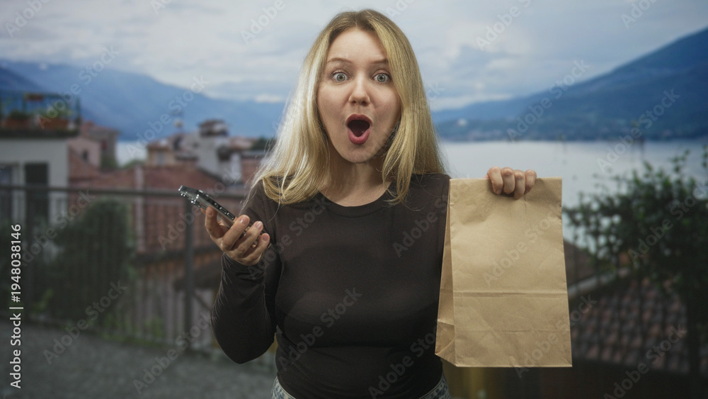 Obraz premium Woman holding paper bag and smartphone, mouth open in surprise on a building balcony; surprise fast delivery.