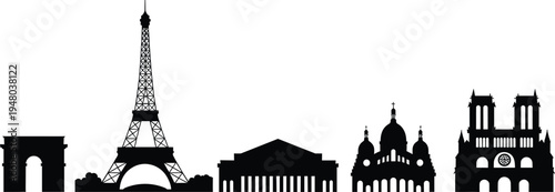Paris France Skyline Silhouette Vector Featuring Eiffel Tower Arc de Triomphe Sacre Coeur Notre Dame Cathedral and Palais Bourbon Monuments for Travel Design
