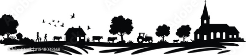 Black silhouette of a peaceful rural landscape with a country church house farm animals tractor birds trees and people in a village scene