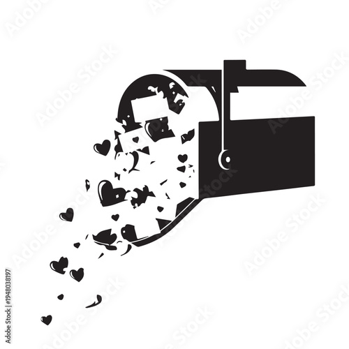 Black and white vector illustration of a paper shredder ejecting hearts in a dynamic flow.