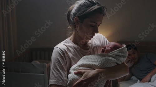 Two tired, sleep-deprived parents stand together in a dimly lit nursery, gently rocking their crying newborn baby during a difficult late-night moment.
