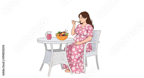 Pregnant woman enjoying a healthy meal at a table, eating with a fork.