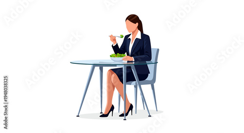Businesswoman enjoying a healthy salad at a modern table during lunch break.