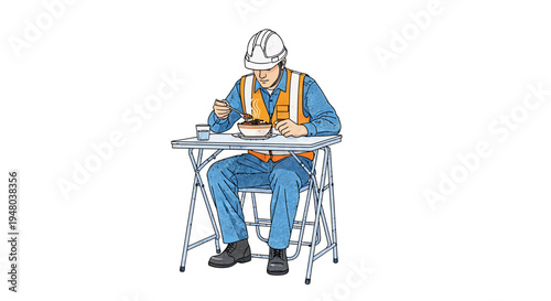 Construction worker focused on work, sitting at a portable table, wearing safety gear.
