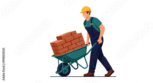 Construction worker pushing a wheelbarrow full of bricks on a sunny day.