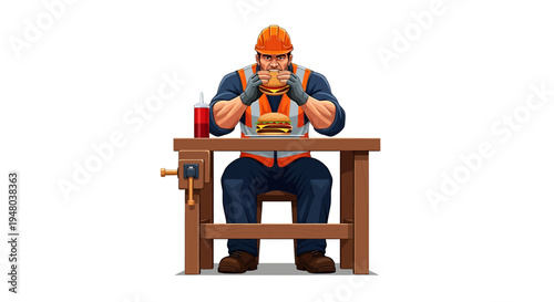 Construction worker enjoying a burger during a break at the workbench, eating lunch.