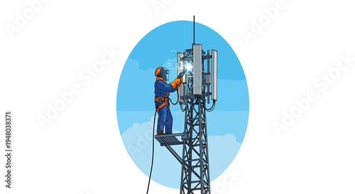 Technician working on a telecommunications tower, ensuring network connectivity and maintenance.